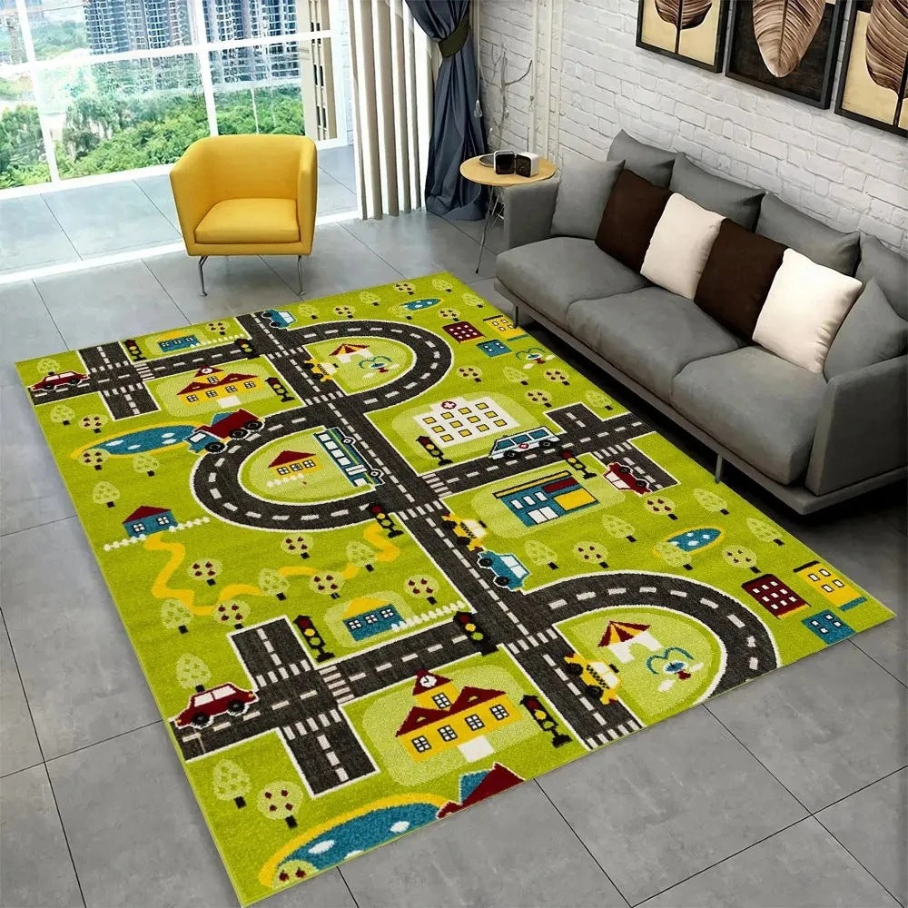 Fun Racing Track Flannel Floor Mat Non-Slip Home Decor Rug For Kids Rooms And Play Areas