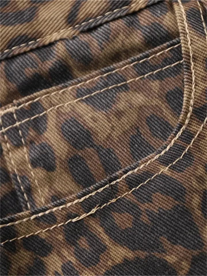 Vintage Leopard Print Jeans Straight Loose Men And Women