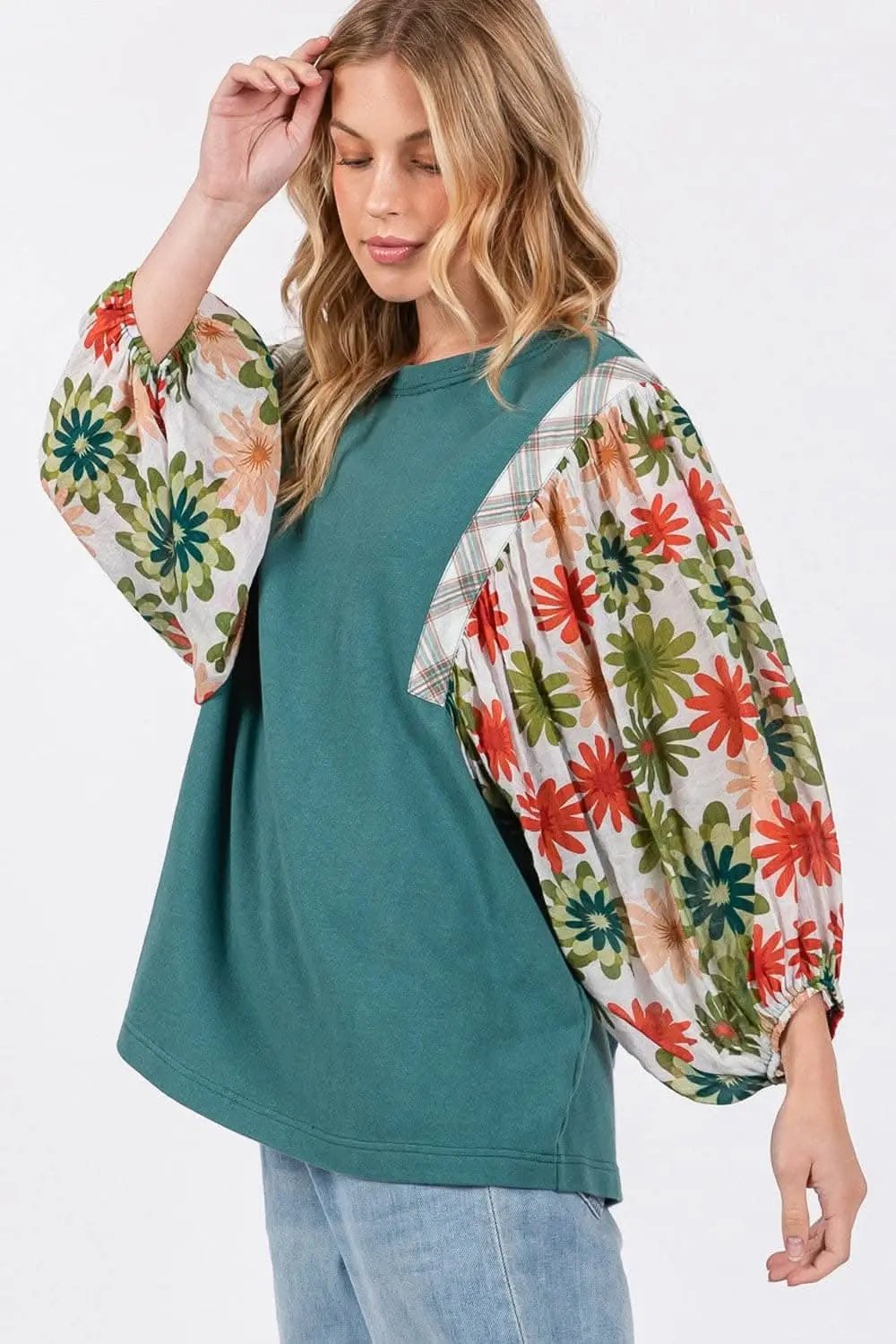 Trendsi Balloon Sleeve Top in Sage — Casual Long Sleeve Blouse