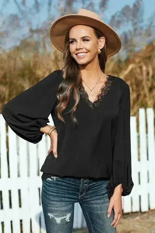 Lace V Neck Balloon Sleeves Top