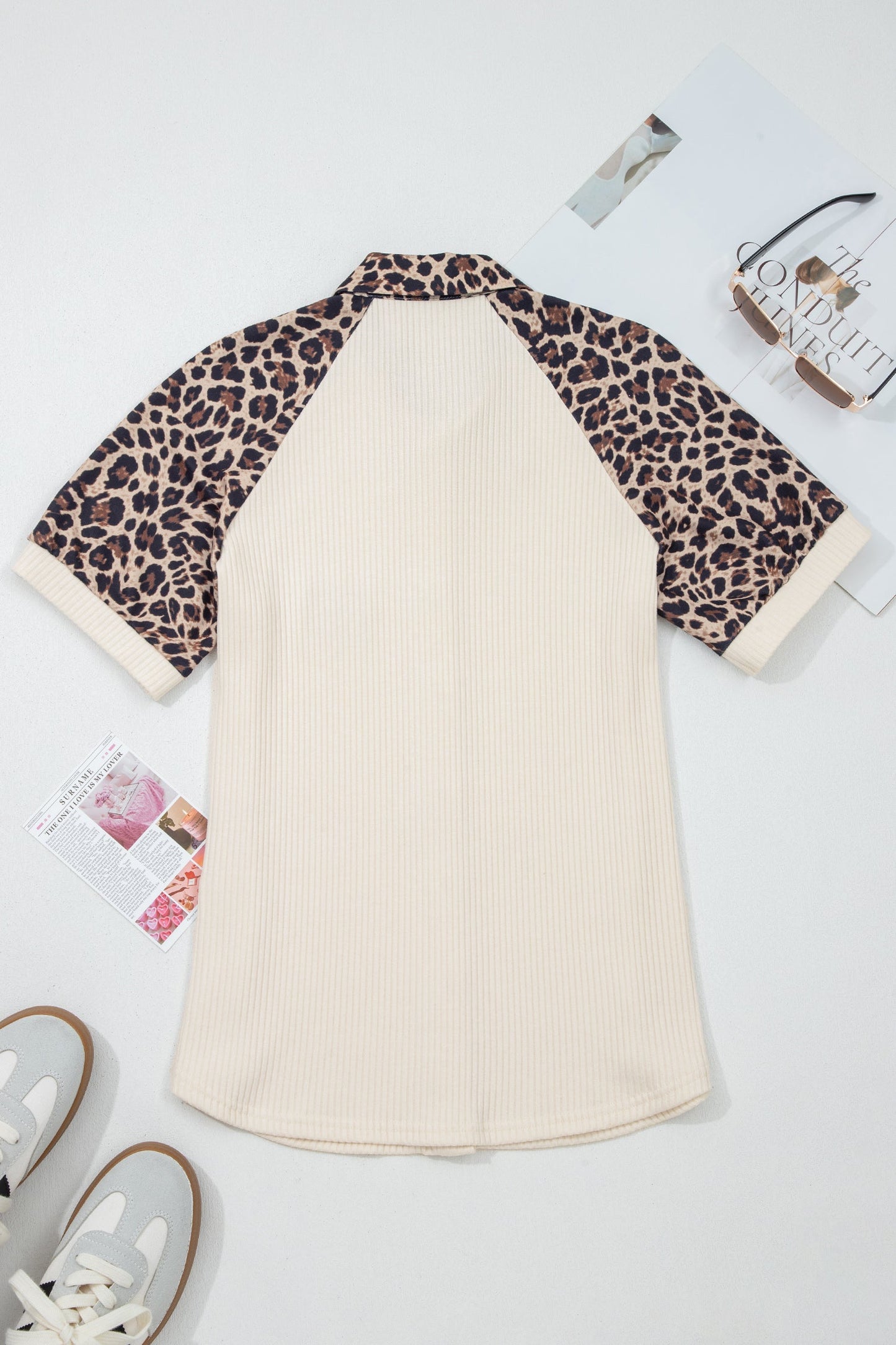 White Ribbed Texture Button Down Leopard Patchwork Short Sleeve Shirt