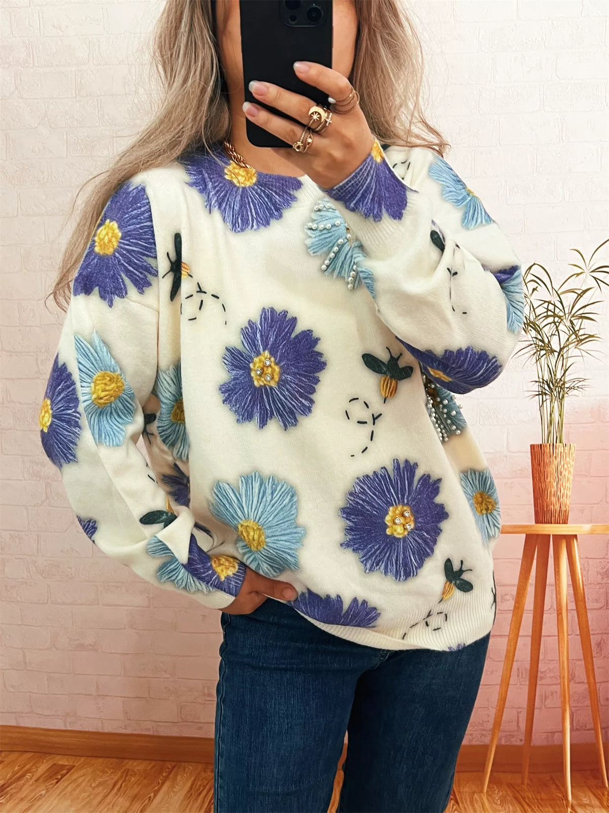 Pearl Detail Flower Round Neck Sweater