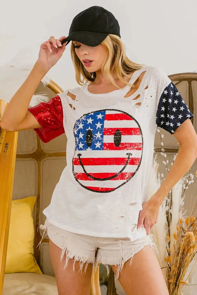 Women's Graphic T-Shirt Women's Tee - Laser Cut Smile Face - Patriotic Graphic T-Shirt