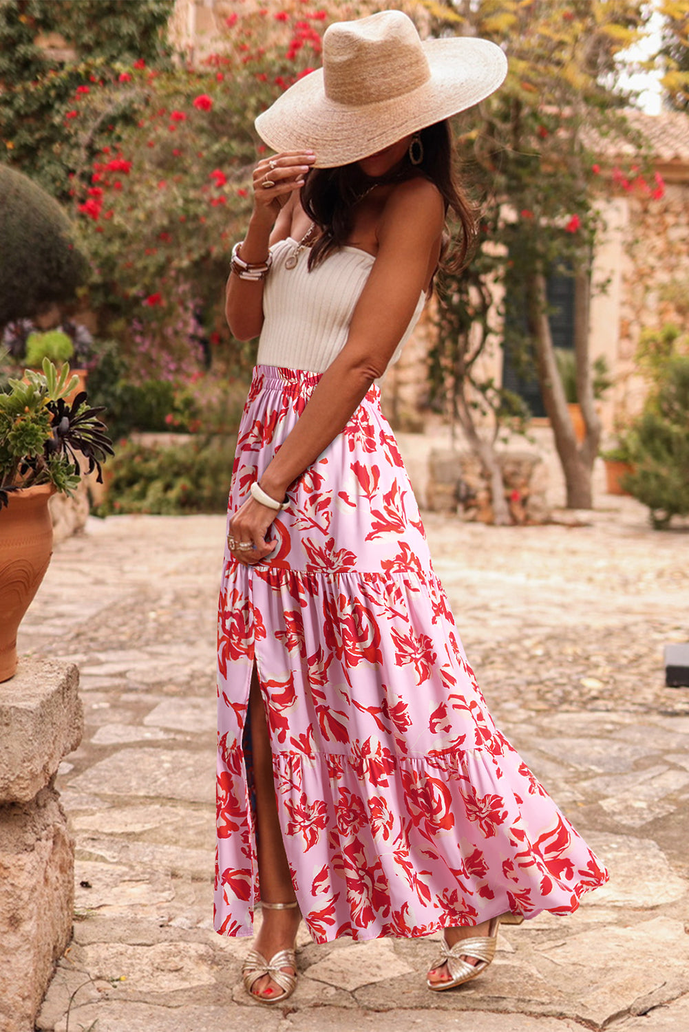 Blue Bohemian Floral Print Tiered Maxi Skirt with Split
