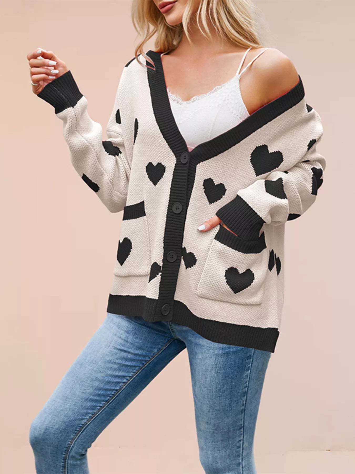 Heart Pattern V-Neck Button-Down Knit Cardigan