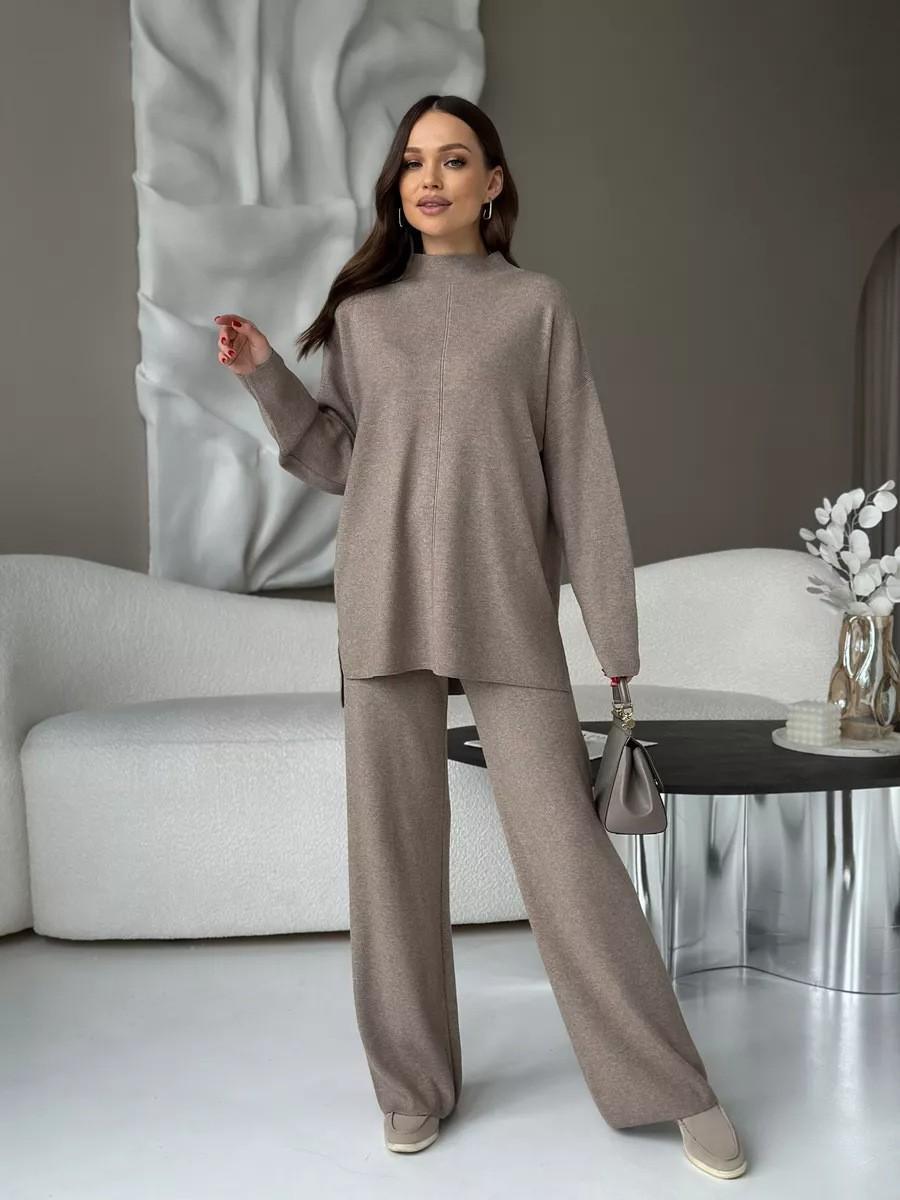 Women's Fine-Knit Mock-Neck Oversized Tunic Top & Wide-Leg Trouser Set