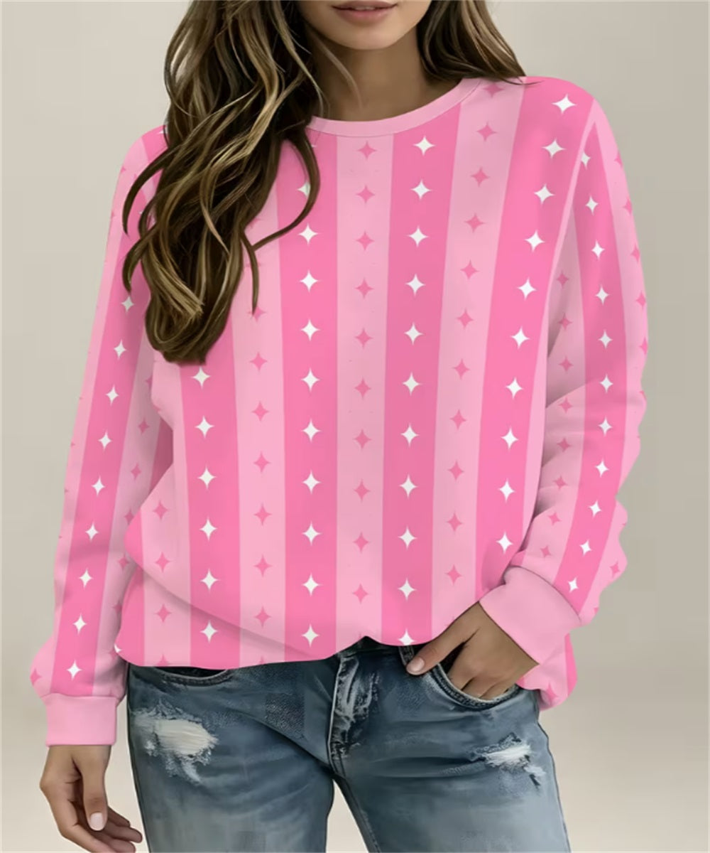 Women's Purple Mint Vertical Stripe & Star Print Crew Neck Sweatshirt, Long Sleeve Casual Pullover Top