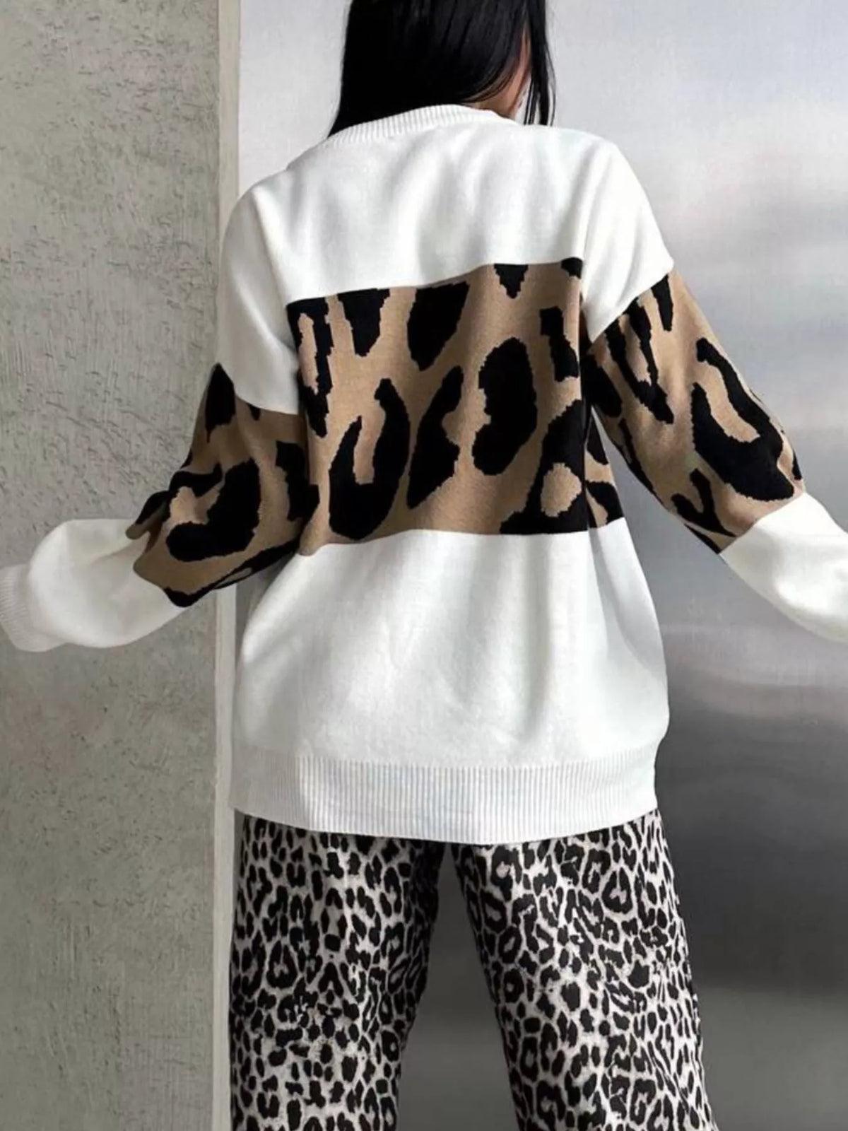 Leopard Color Block Round Neck Sweater
