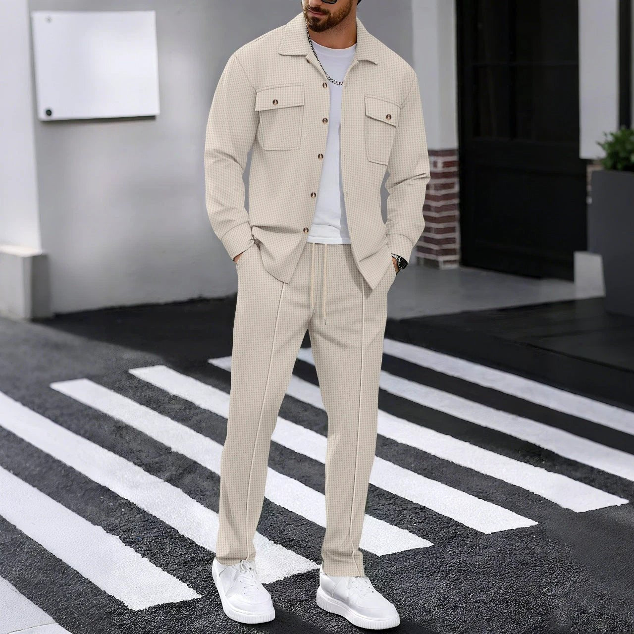 Autumn New Waffle Long-sleeved Trousers Two-piece Set Cardigan Shirt Suit