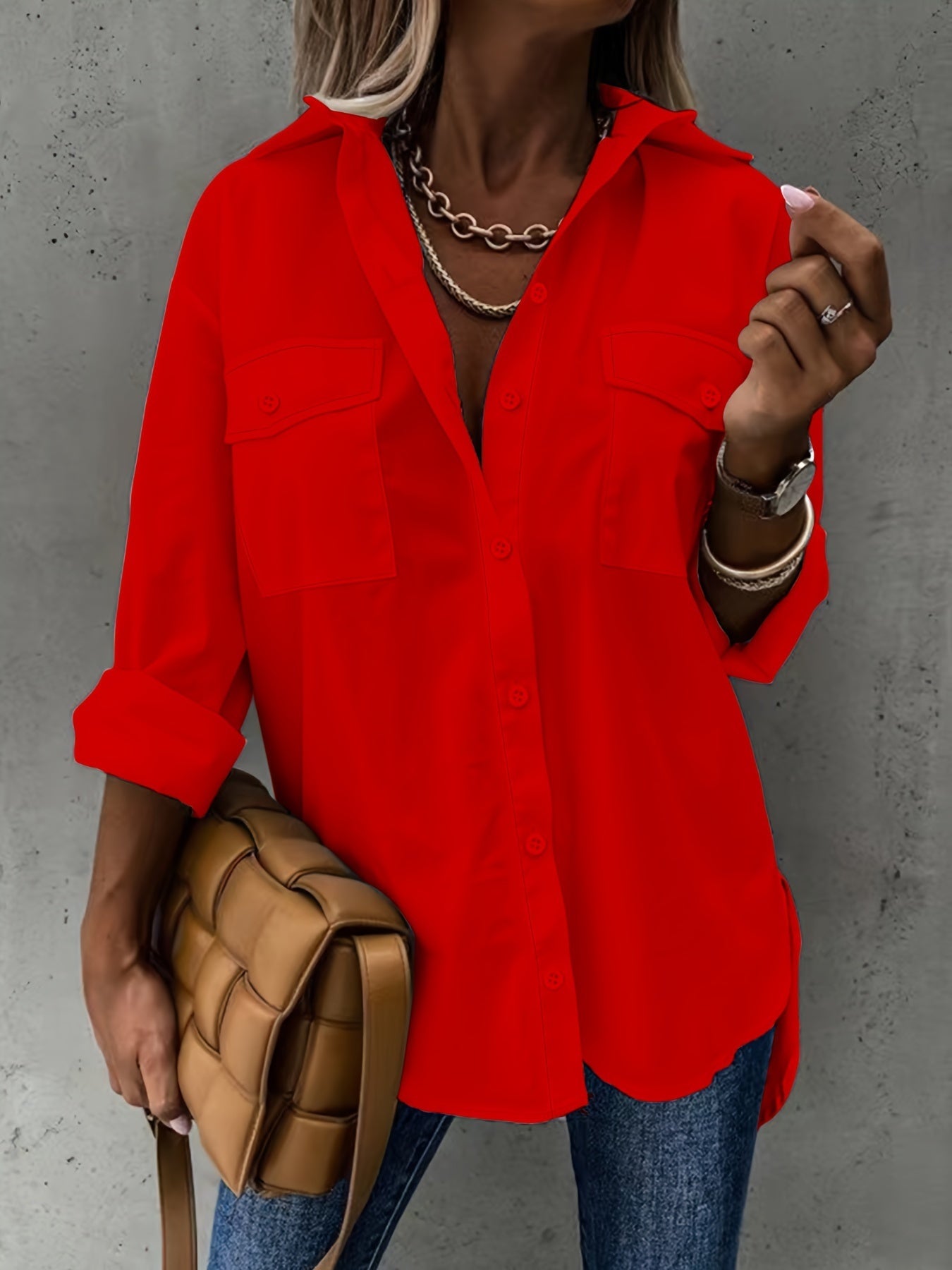 Camisa de manga larga informal para mujer con bolsillo