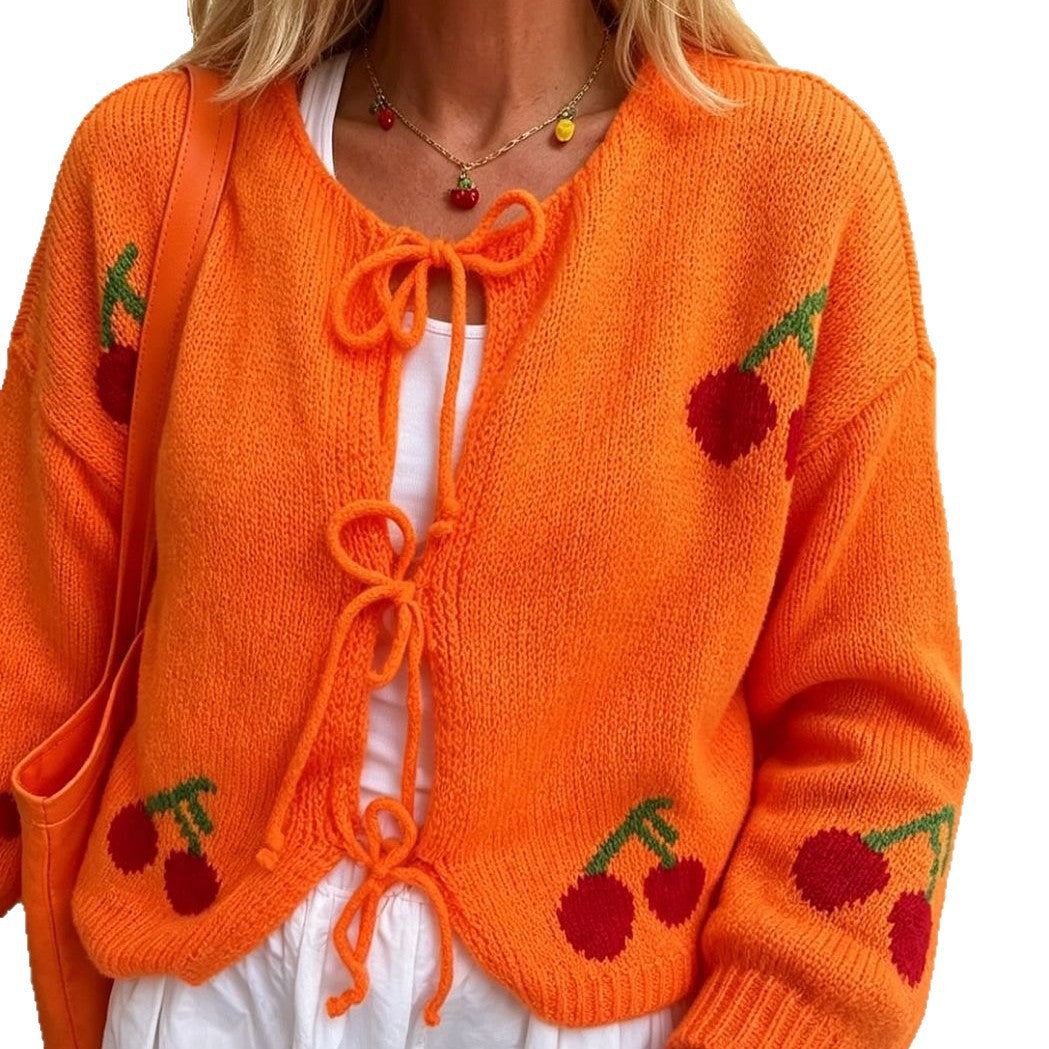 Women's Cherry-embroidered Jacquard Cardigan Sweater Coat