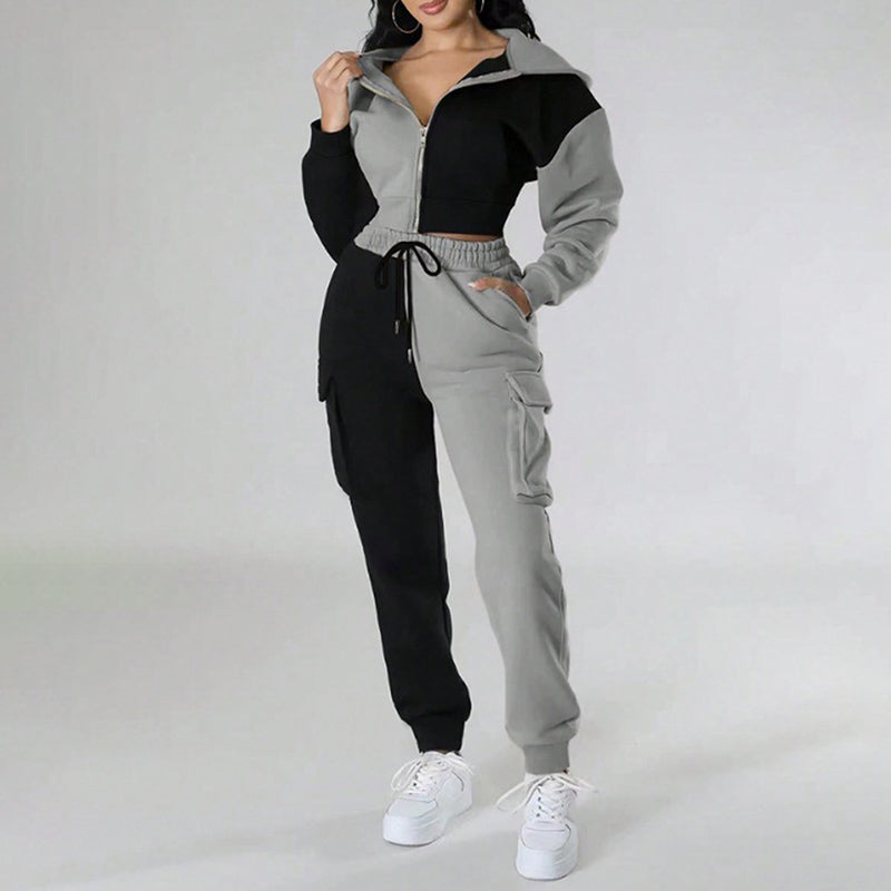 Women's Color Block 2 Piece Set, Full Zip Up Cropped Hoodie Jacket & Drawstring Cargo Pants, Casual Streetwear Outfit See size chart under “more details”