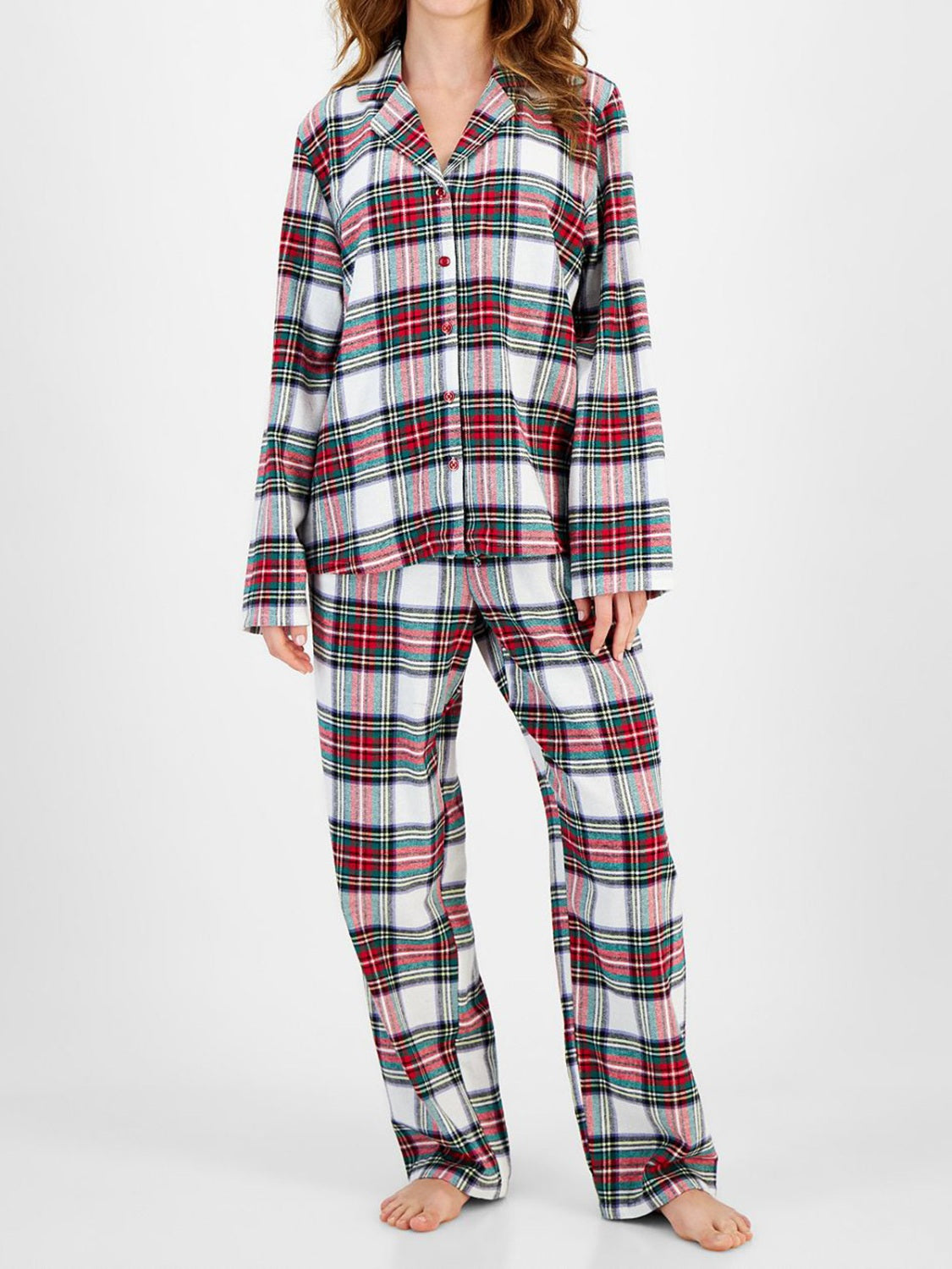 Conjunto de salón de camisa y pantalón con cuello de cuadros y botones