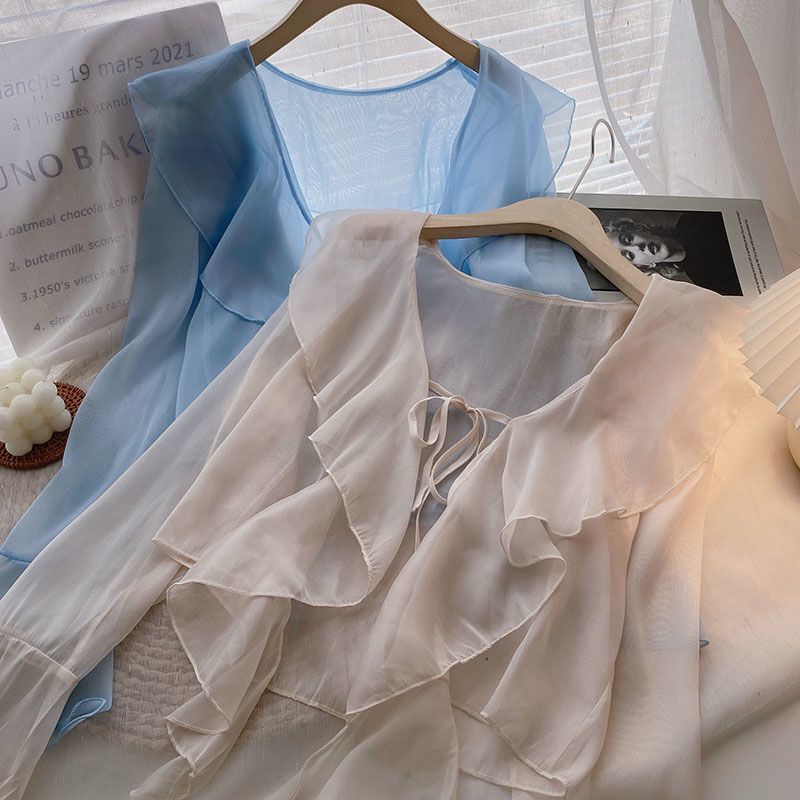 Plus-size Ruffled Chiffon Sun-protective Top For Women