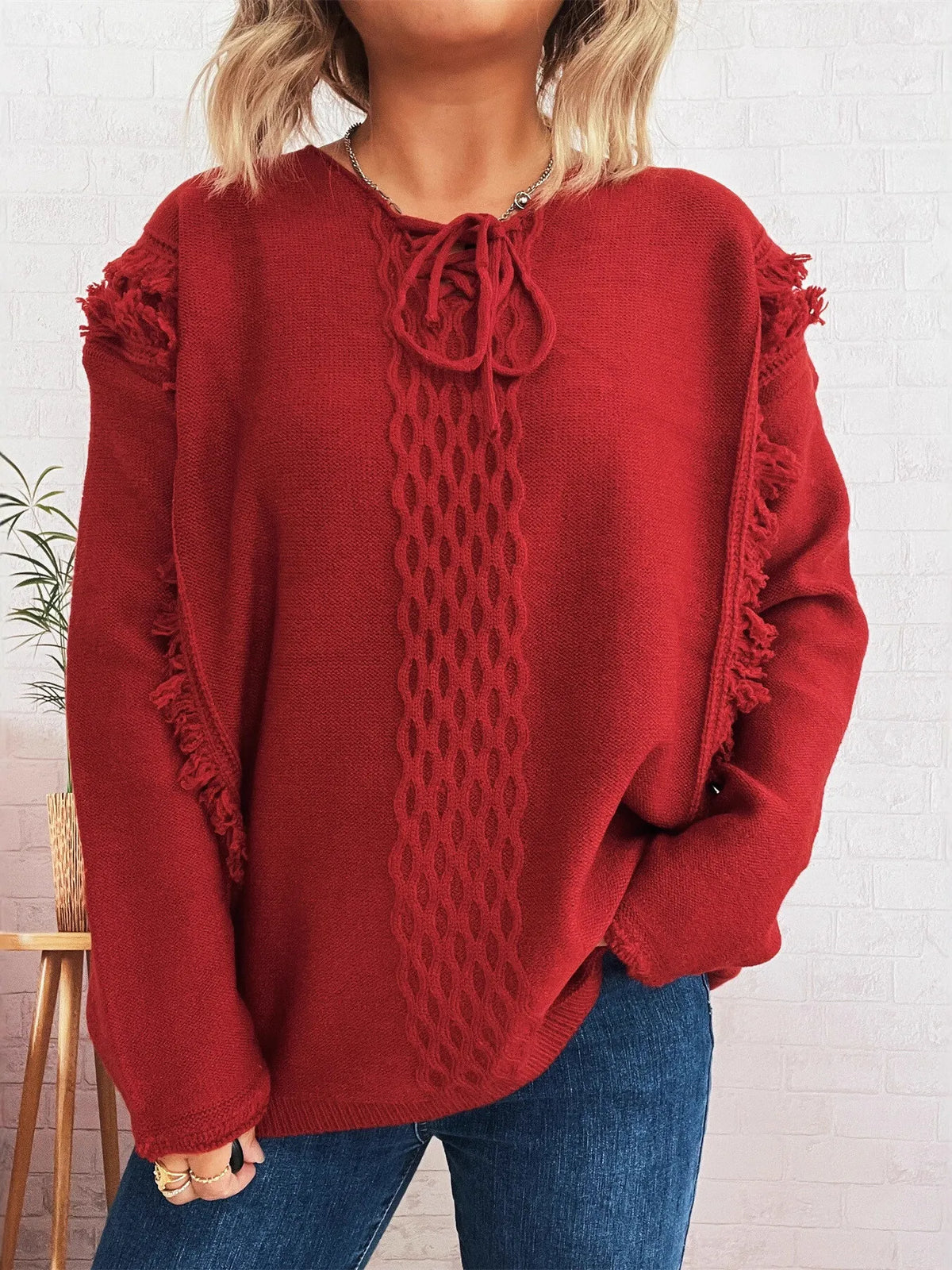 Raw Hem Lace Up Front Sweater