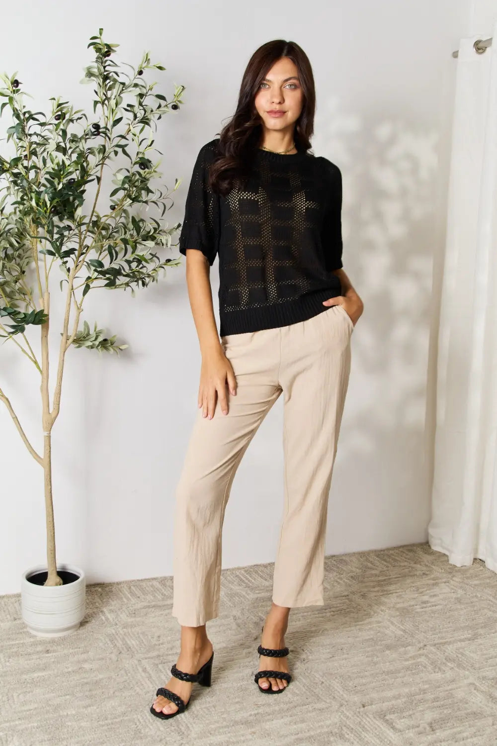 Top de punto Mandy con cuello redondo y ribete acanalado