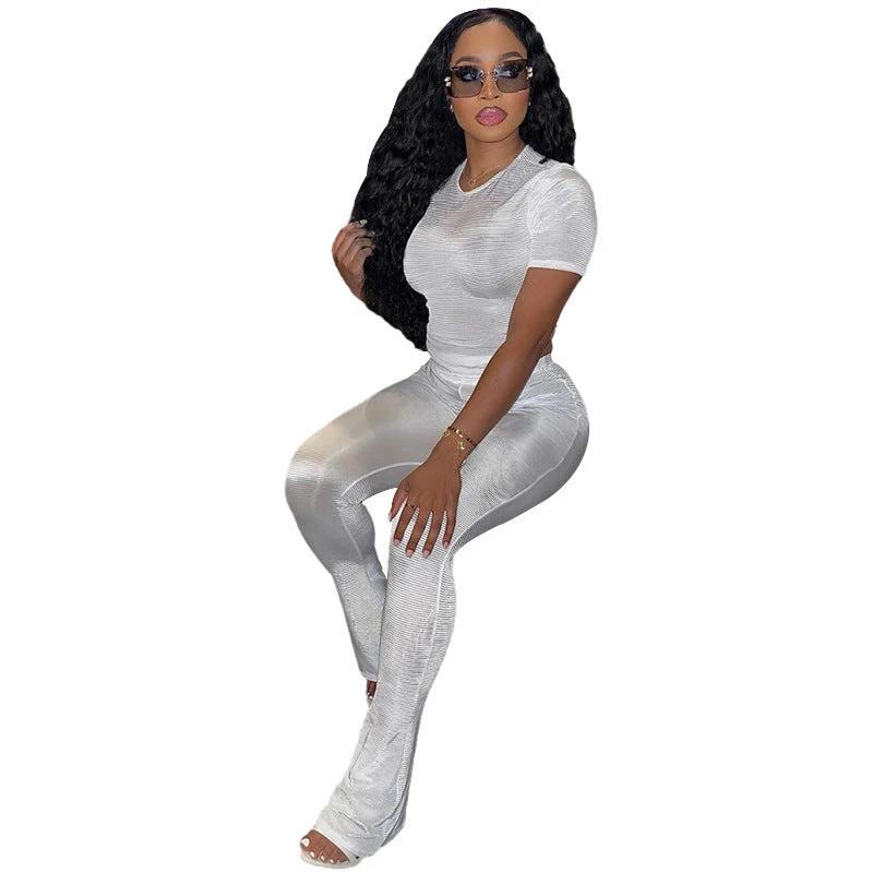 Cross-border European And American Foreign Trade 2024 Fall Women's Clothing New Slim Fit Figure Flattering Short Sleeve Top High Waist Casual Trousers Suit