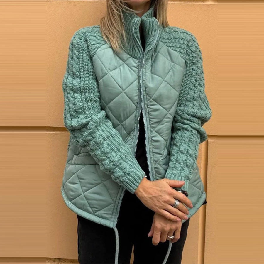 Winter Stand Collar Cotton Jacket With Pockets Fashion Knitted Stitching Zipper Coat Warm Tops For Women Clothing
