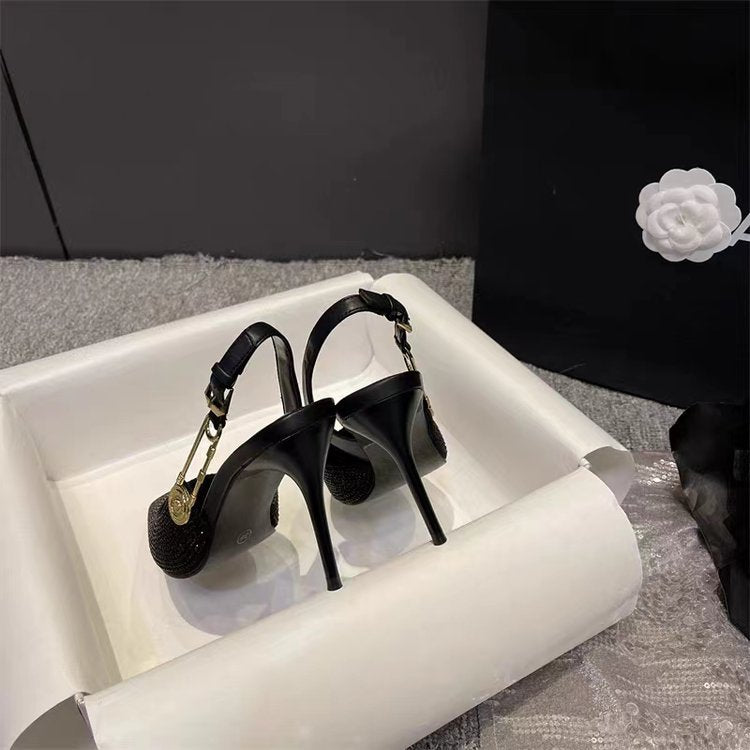 Pointed-Toe Stiletto Rhinestone Patent Leather Heels