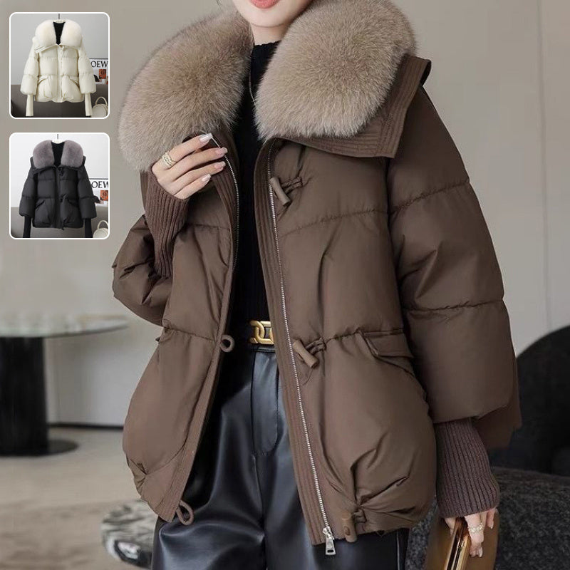 Chaqueta de plumón de algodón para mujer, corta, con cuello de piel, abrigo grueso, ropa de invierno
