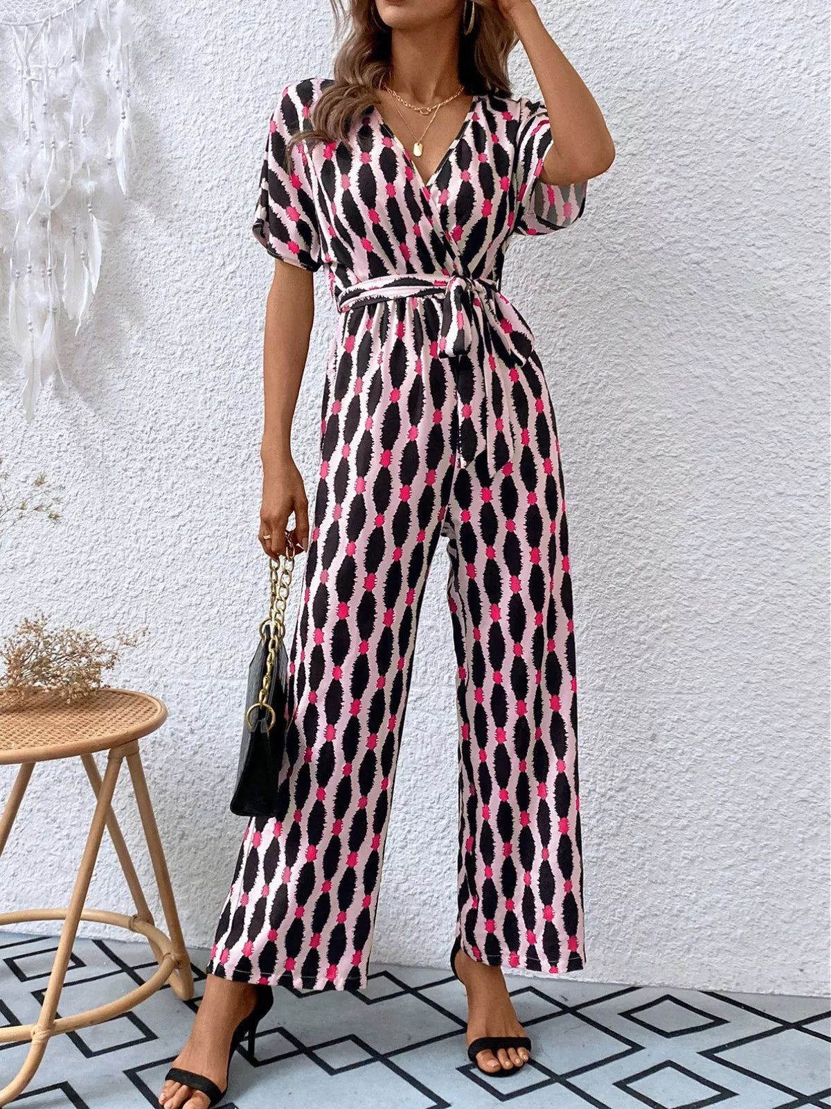 Printed Surplice Tie Waist Short Sleeve Jumpsuit
