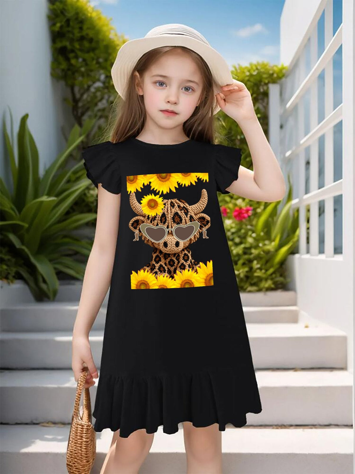 Yarn Highland Cow with Sunflowers Flutter Sleeve Dress for Girls