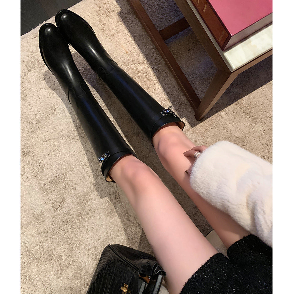 Round Head Metal Buckle Below The Knee Knight Boots