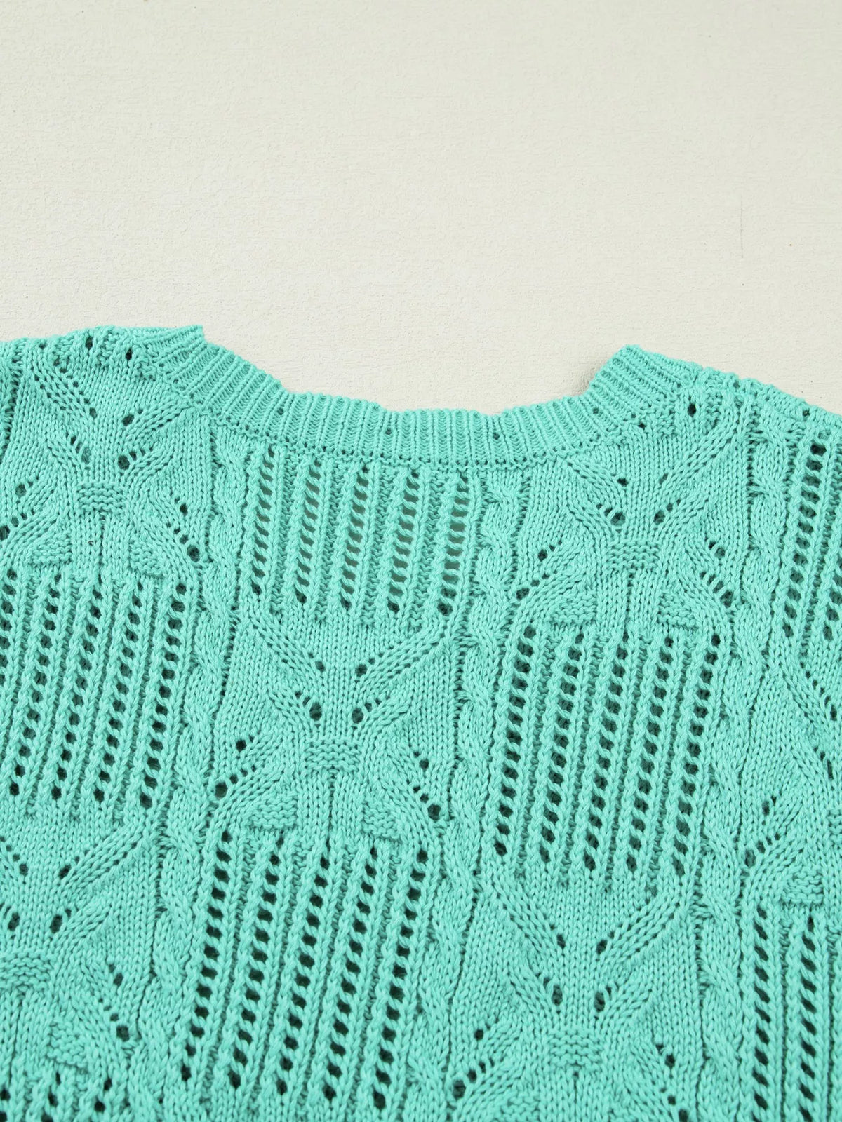Pointelle Knit Patterned Scalloped Trim Short Sleeve Sweater