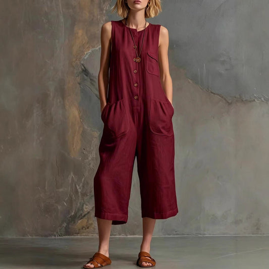Retro Sleeveless Cotton-Linen Wide-Leg Cropped Jumpsuit
