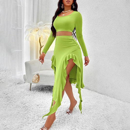 Traje de vestido plisado de manga larga y cuello redondo para mujer - Conjunto elegante de color sólido con volantes