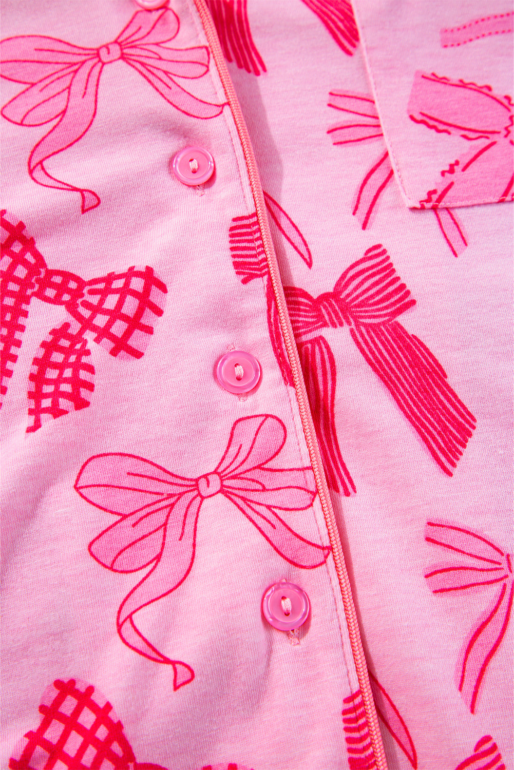 Conjunto de pijama de lazo rosa con estampado de solapa, manga corta y pantalón