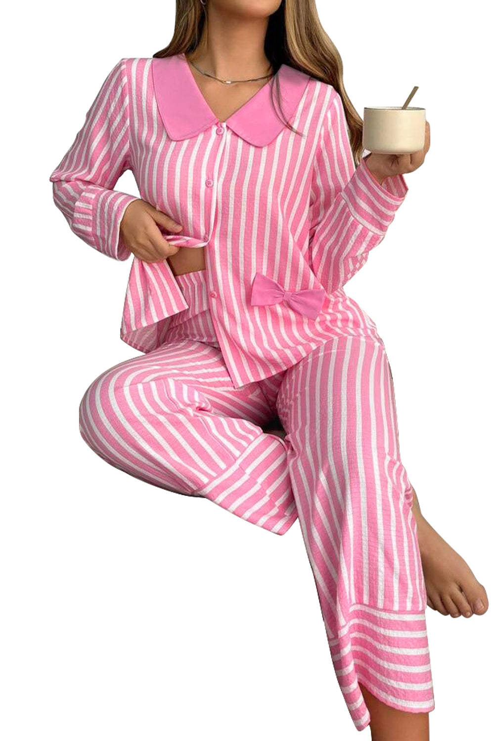 Conjunto de pijama de pantalón y jersey con cuello Peter Pan, lazo dulce y rayas rosadas