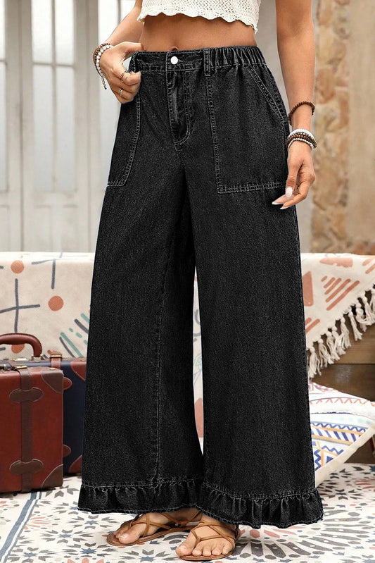 Pantalones vaqueros de pierna ancha con volantes, cintura elástica y talla grande en color negro
