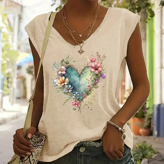 Camiseta de manga corta con estampado de corazón floral, Top informal de verano