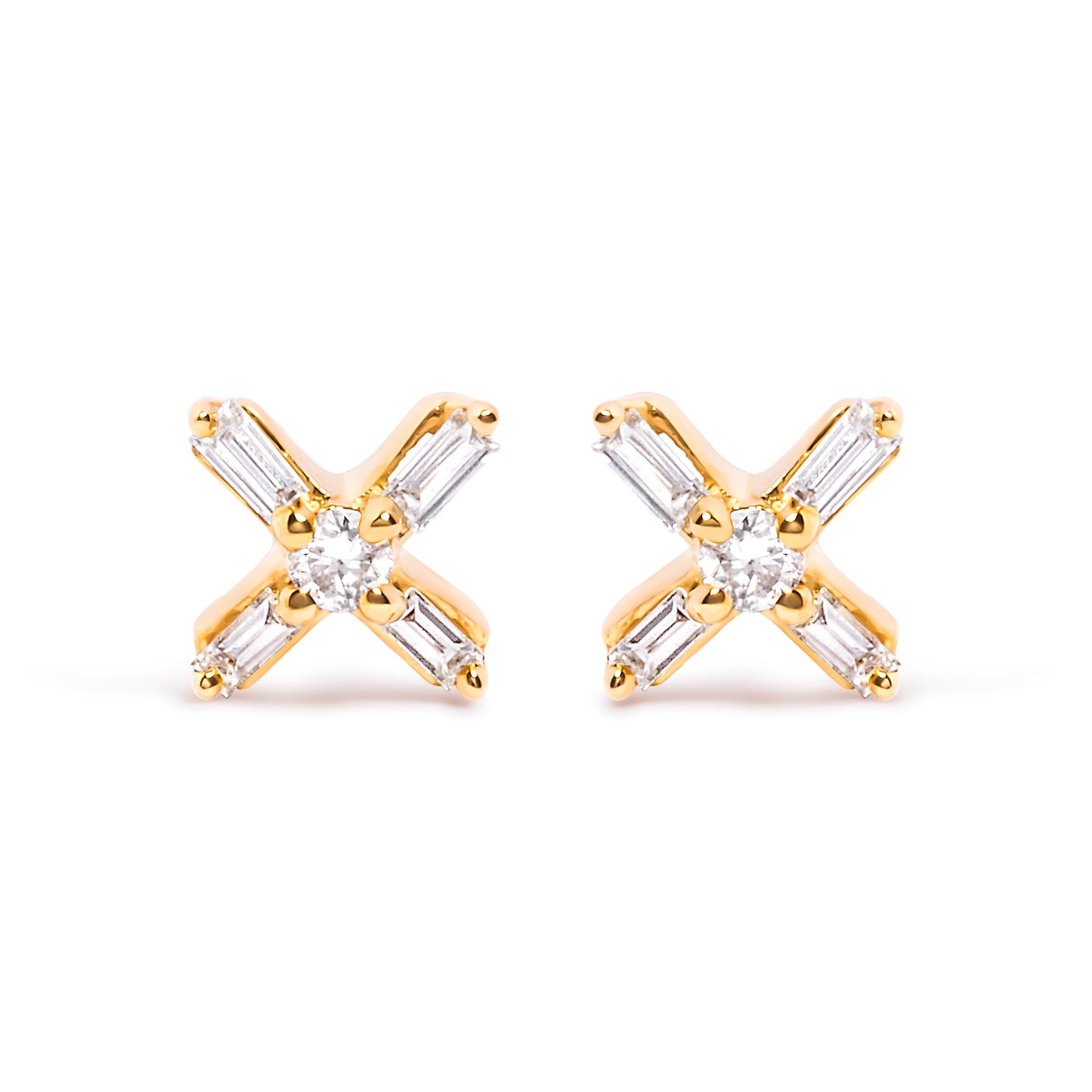 10K Yellow Gold 1/10 Cttw Round and Baguette Diamond Criss Cross X Stud Earring (H-I Color, I1-I2 Clarity)