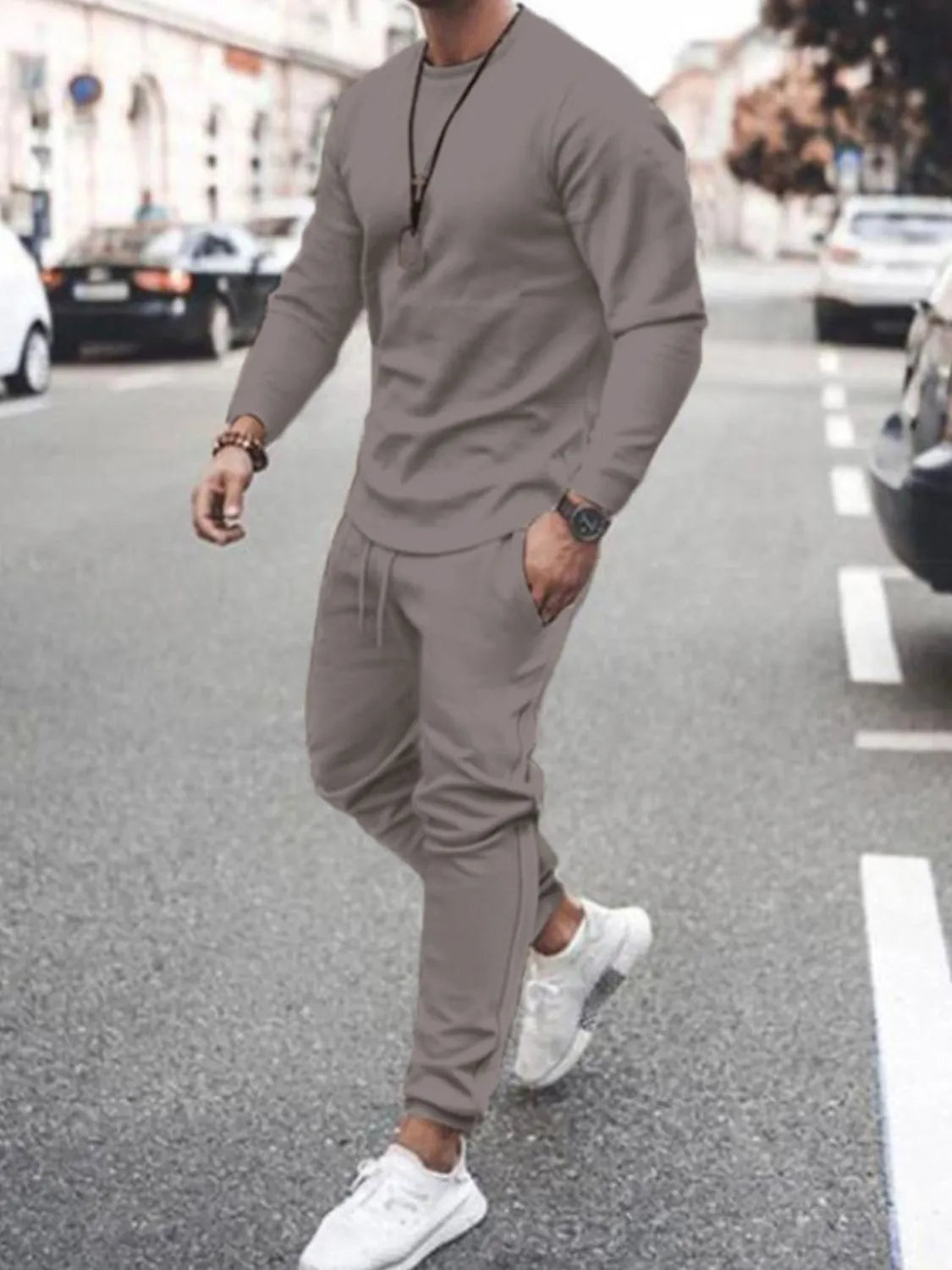 Conjunto de camiseta de manga larga con cuello redondo y pantalón para hombre, talla grande