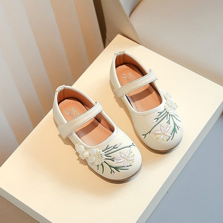 Ancient Style Girls Shoes, New Chinese Style Embroidered Flats, Spring And Autumn Hanfu Traditional Costume Shoes For Kids