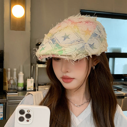 Boina desgastada con estampado de cuadros de colores y estrella – Sombrero coreano de cinco puntas