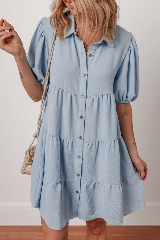 Vestido camisero escalonado de manga corta abullonada Beau Blue