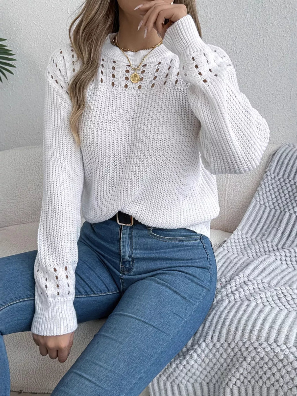 Openwork Round Neck Long Sleeve Sweater