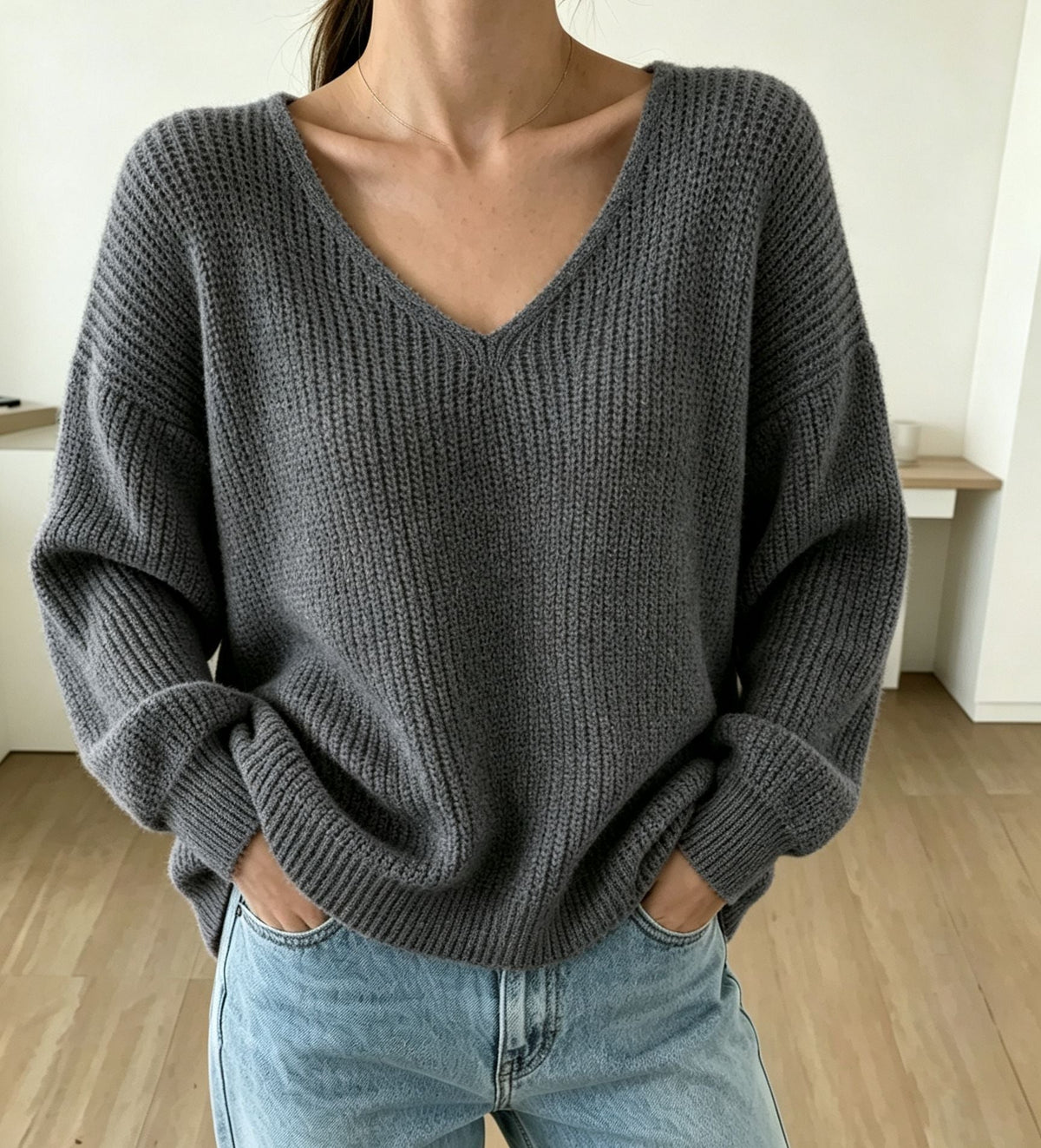 Thickened Long-sleeved Loose-fit V-neck Pullover Sweater For Women