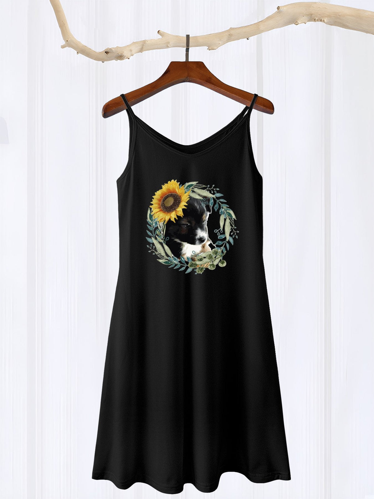 Cute Black Puppy Sleeveless Short Cami Dress (Front Printing)