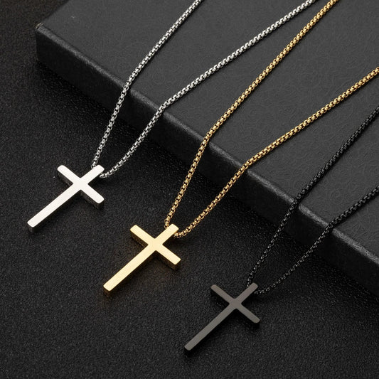Simple Box Chain Stainless Steel Cross Necklace For Men
