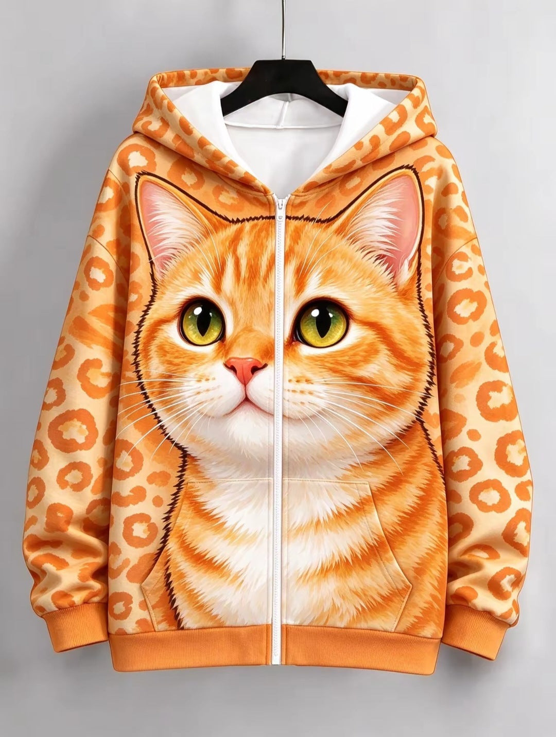 Women's European American Style Zip Up Hooded Cardigan Sweatshirt, Big Face Animal Print, All Over Leopard Print, Loose Casual Trendy Jacket