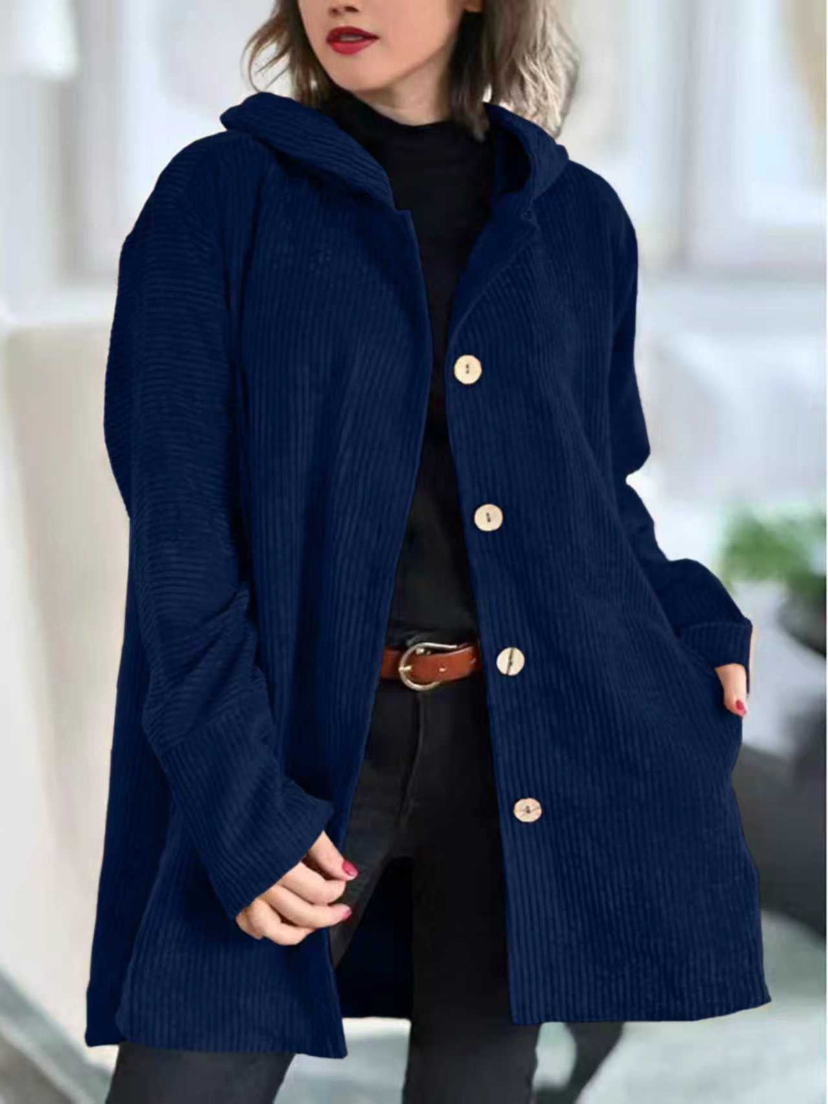 Women's Corduroy Hooded Jacket Fashion Warm Pockets Button Mid-length Top Casual Fall Winter Outwear Clothing