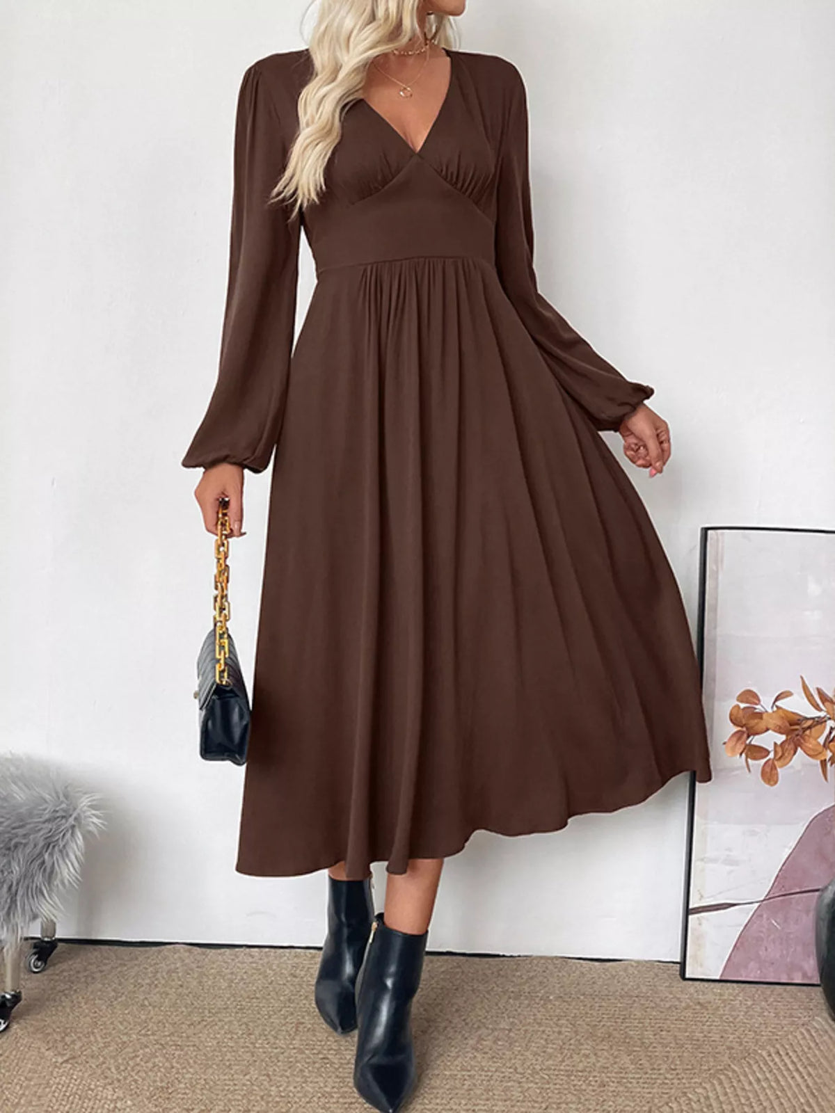 V-Neck Long Sleeve A-Line Midi Dress