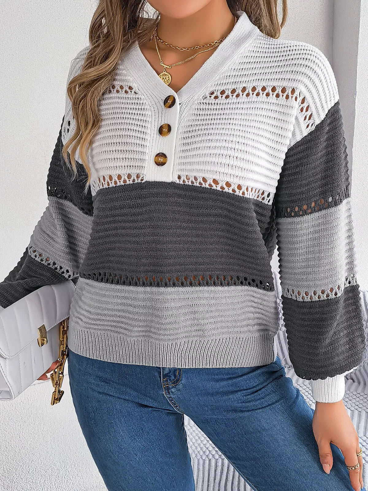 Color Block Striped V-Neck Button Detail Sweater