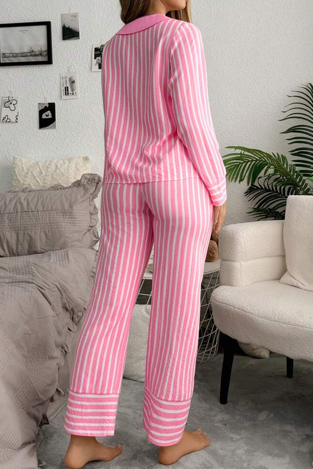 Conjunto de pijama de pantalón y jersey con cuello Peter Pan, lazo dulce y rayas rosadas