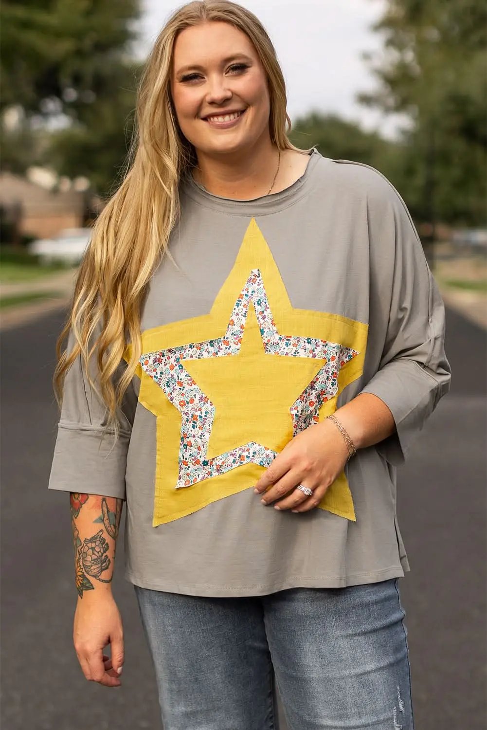 Accessories Love Salve Grey Floral Star Plus Size Women's Top: Western Style, Fall Fashion