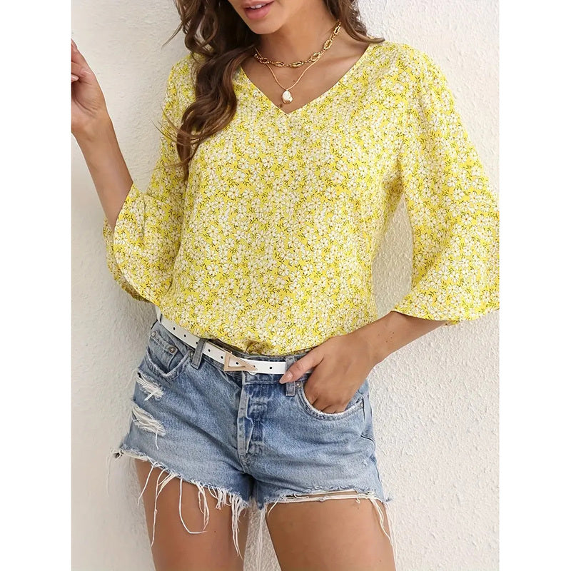 Blusas de verano con estampado floral y cuello en V para mujer con manga acampanada
